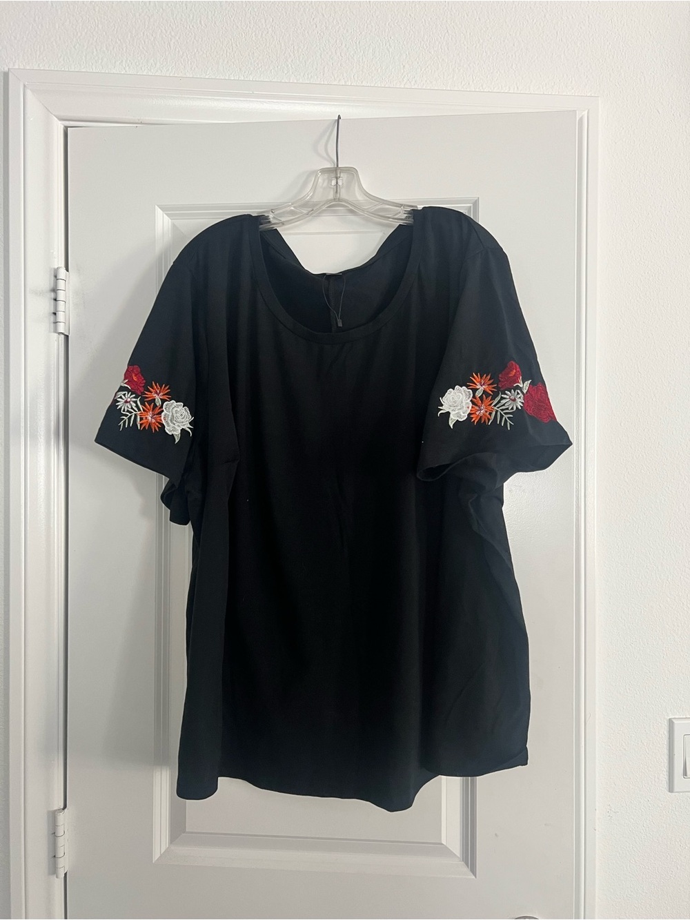 Black Floral Sleeve Embroidered T-Shirt